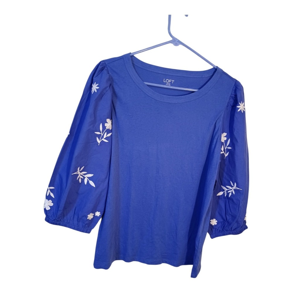 LOFT Women's L Peasant Embroidered Flowers 3/4 Puff Sleeve Cotton Pull On Top